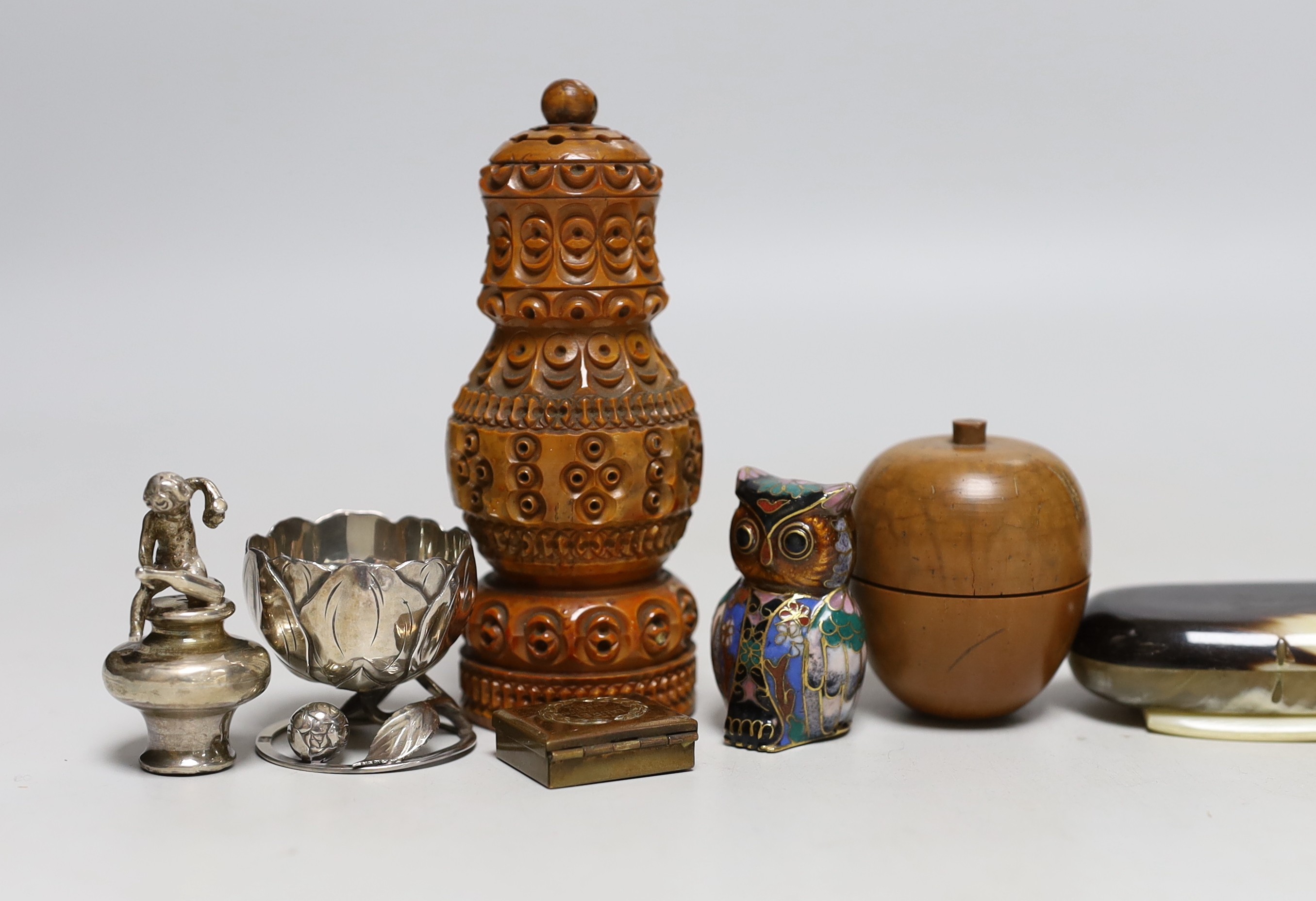 Eight mother of pearl mounted fruit of pocket knives and a small silver funnel, etc, including treen items, small silver pepperette and nail buffer.